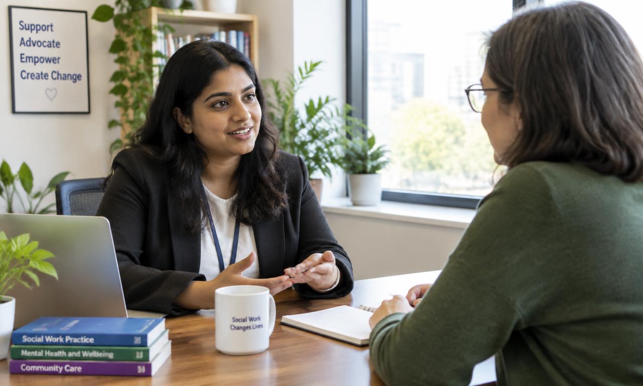 A new social worker in a supportive one-on-one mentorship meeting