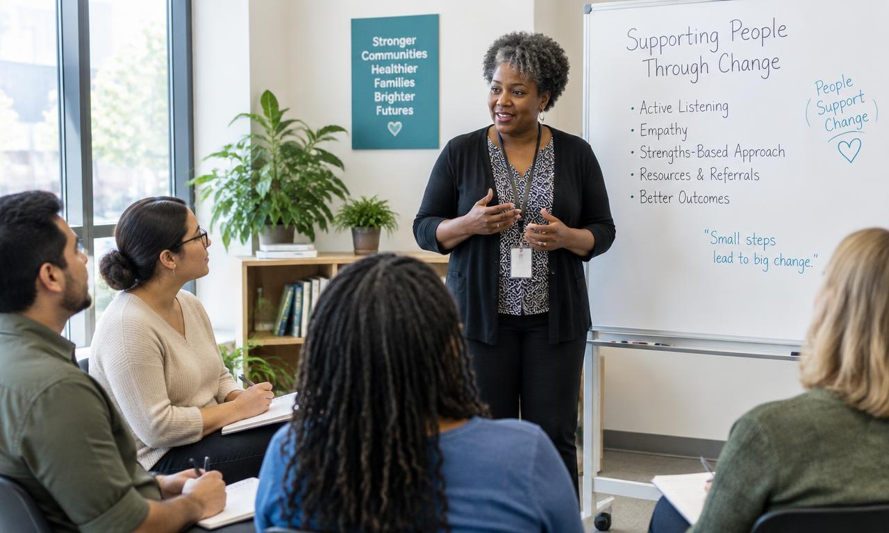 An experienced social worker leading a small training workshop