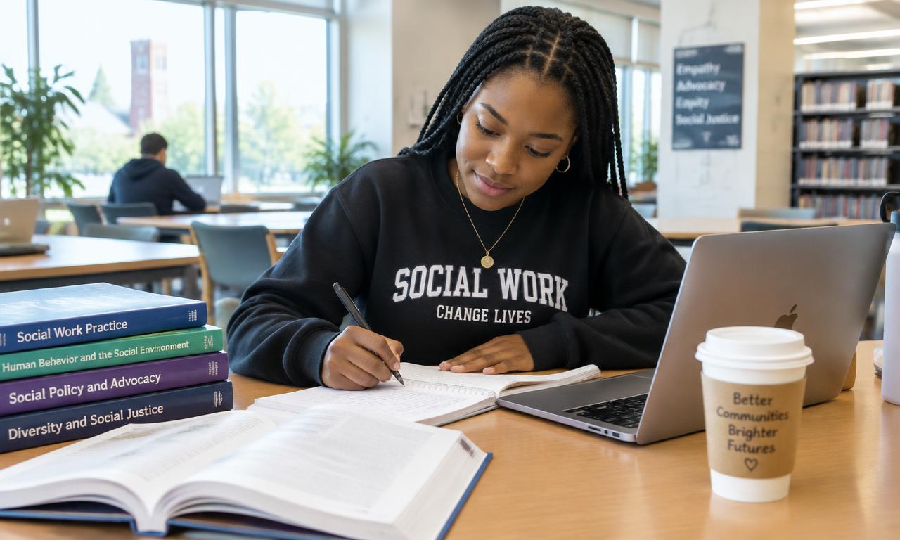 A social work student preparing for practicum with textbooks and a laptop