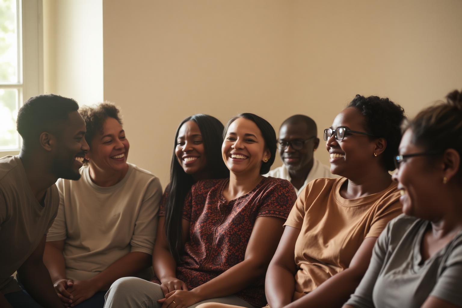 A diverse group of people sharing a warm conversation