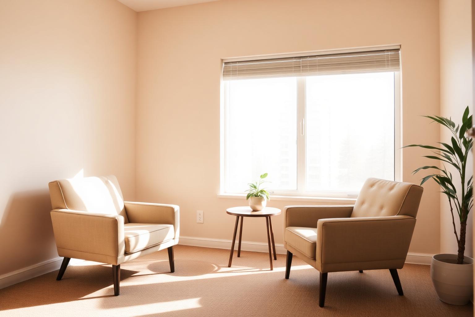 A warm, sunlit counselling room with two armchairs